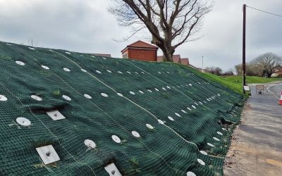 Rattle Road, Stone Cross 57 Anchor plates and geosynthetics being used to stabilise a slope