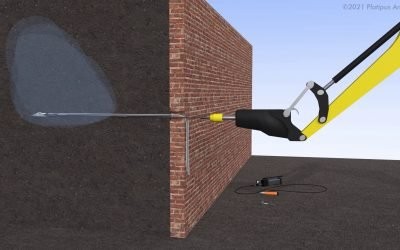 Rear 02 animation still of an excavator driving an earth anchor through a retaining wall into an are of hydrostatic pressure