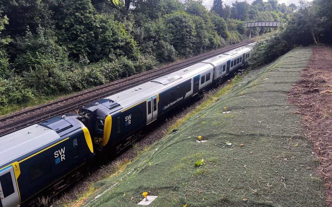 Trains through railway cutting with erosion prevention measures