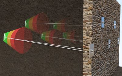 Retaining Wall With Plati Drain illustration of earth anchors and retaining wall