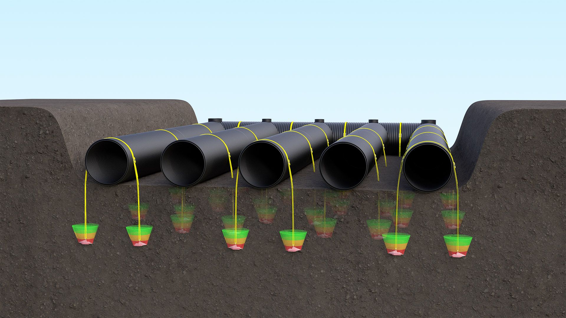 Multi Pipe Render WITH SKY Illustration of multiple pipes being used for storm water attenuation tank