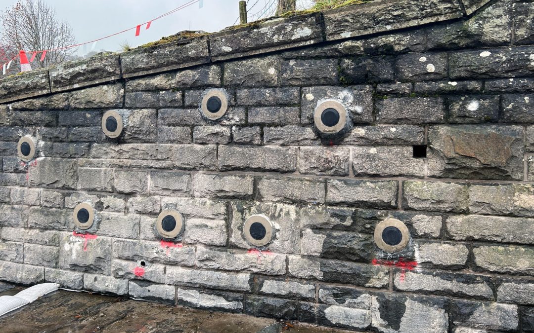Talybont reservoir spillway after remediation works with Platipus Earth Anchors