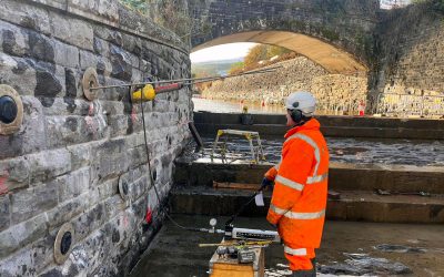Tallybony Spillway, South Wales - Installation - Enhanced Platipus Earth anchor being loadlocked on historic retaining wall