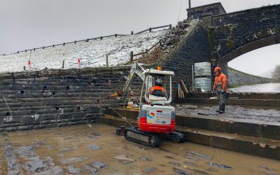 Tallybony Spillway, South Wales - Installation_04 - Enhanced Platipus Earth anchor being driven on historic retaining wall