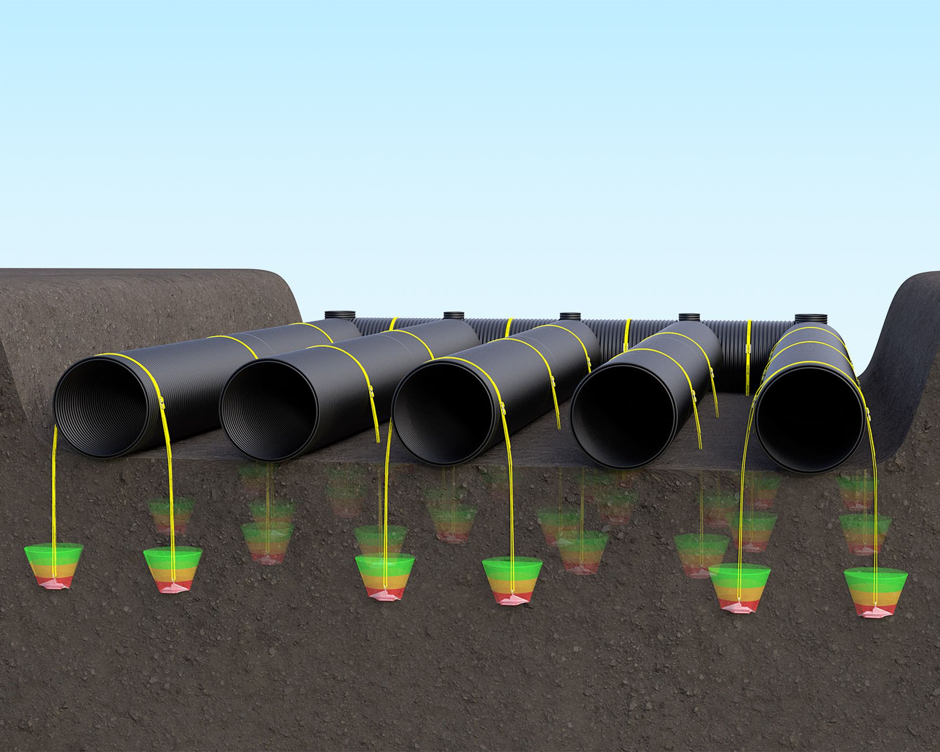 Illustration of earth anchors used to counteract pipeline buoyancy