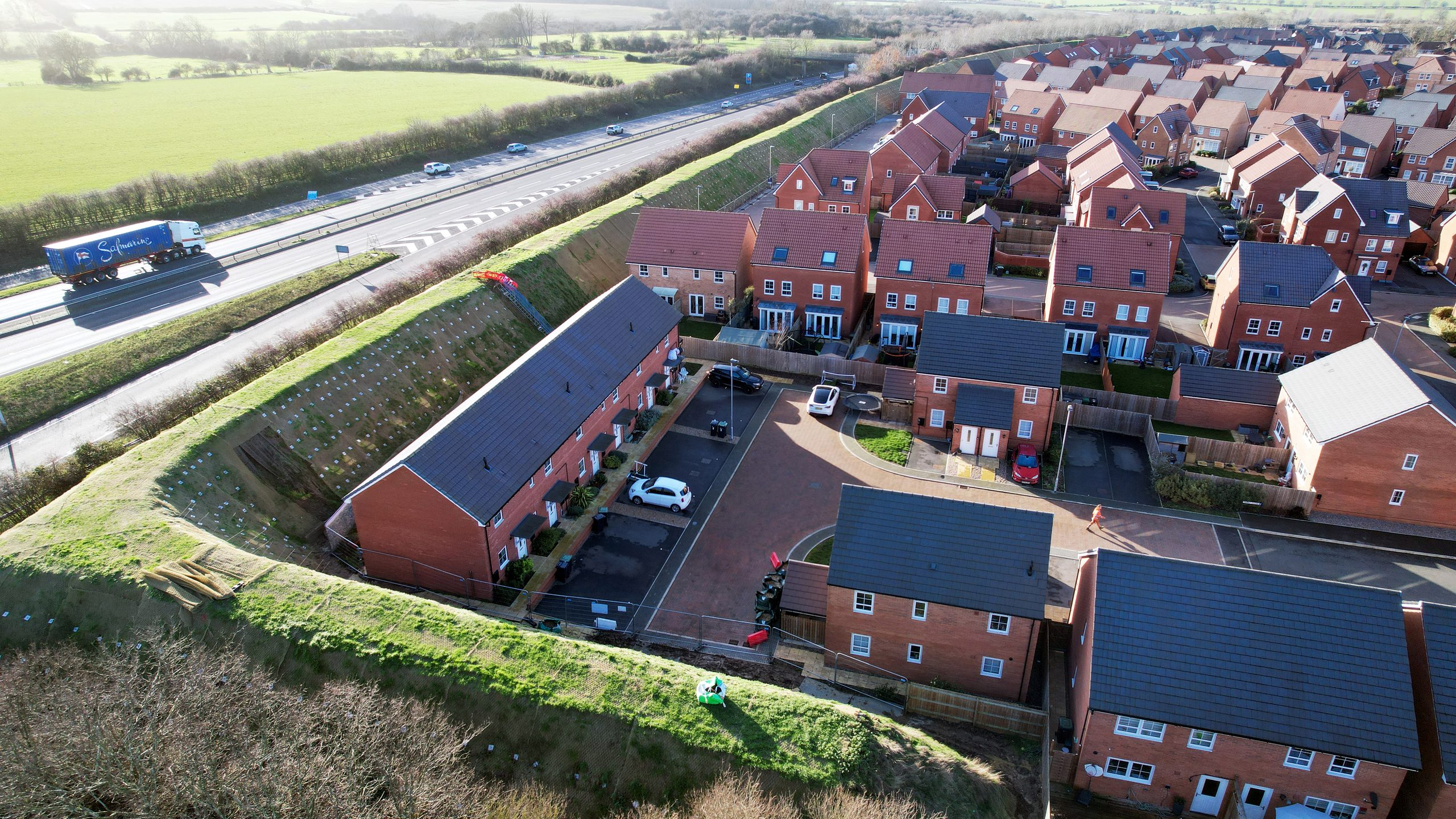 Thrapston - Drone - 0606 - Enhanced Arial shot of noise attenuation bund remediation